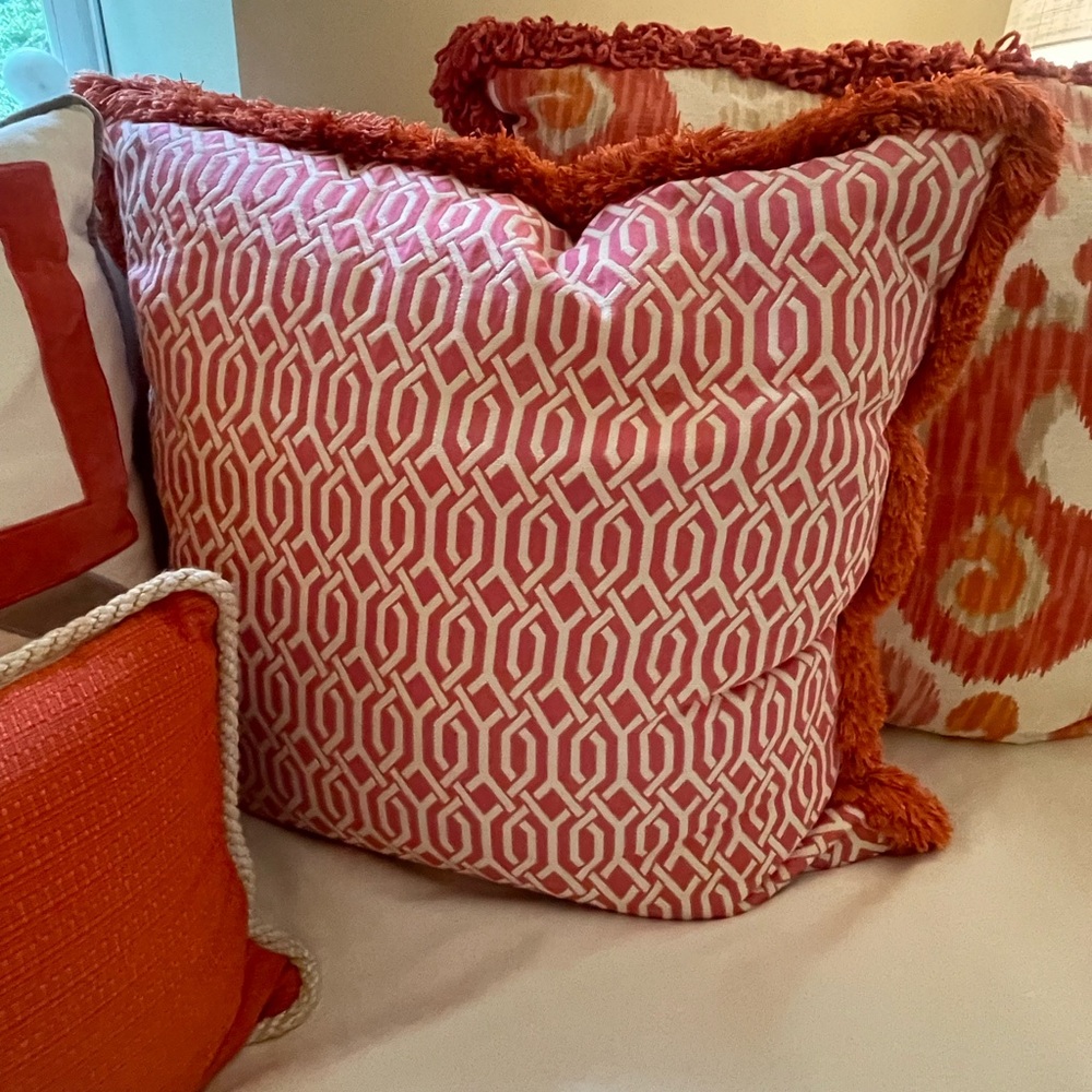Set of two Pink pillows with Pink and Orange Fringe 24x24